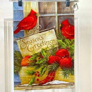 Small Garden Flag Red Cardinals on a window sill, “Season’s Greetings” Snowing